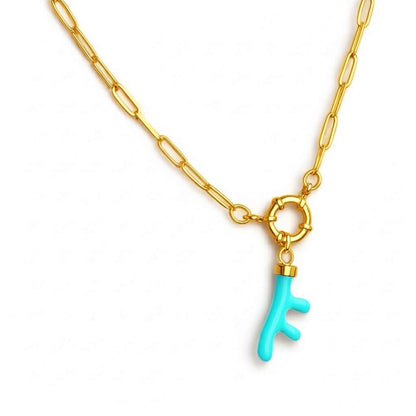 Collar de acero inoxidable sostenible con colgante azul en forma de rama, chapado en oro 18k.